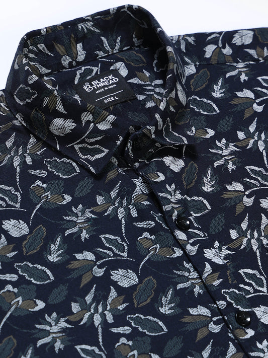 Men's Linen Navy Blue Floral Printed Shirt