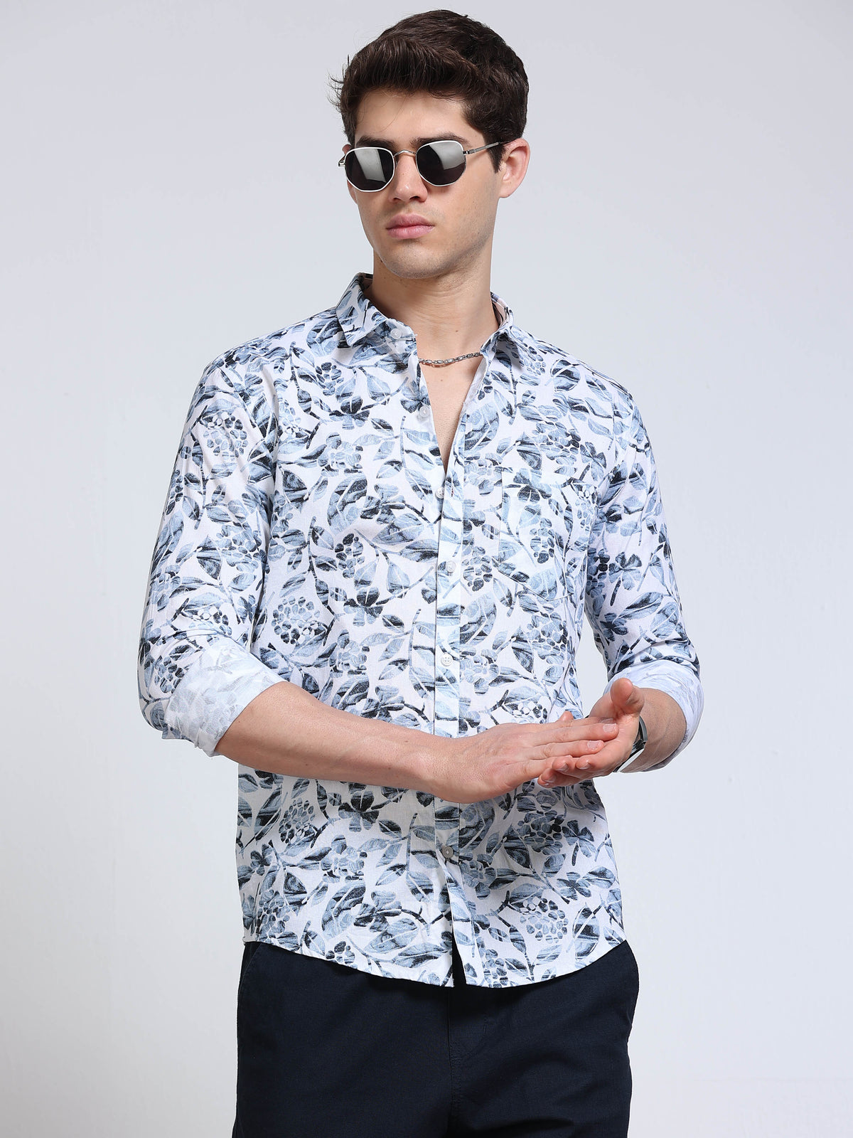 Men's Linen White Floral Printed Shirt