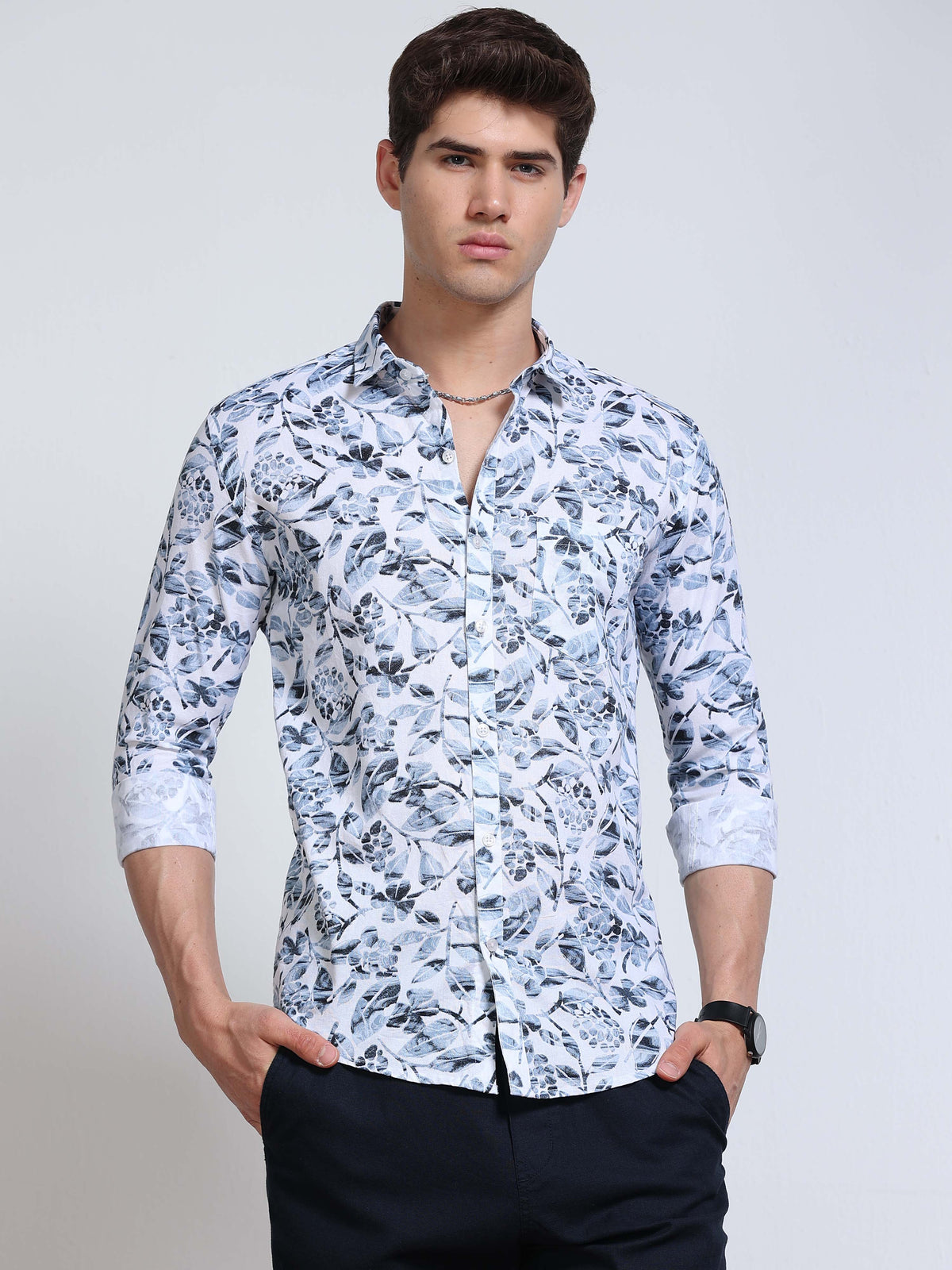 Men's Linen White Floral Printed Shirt