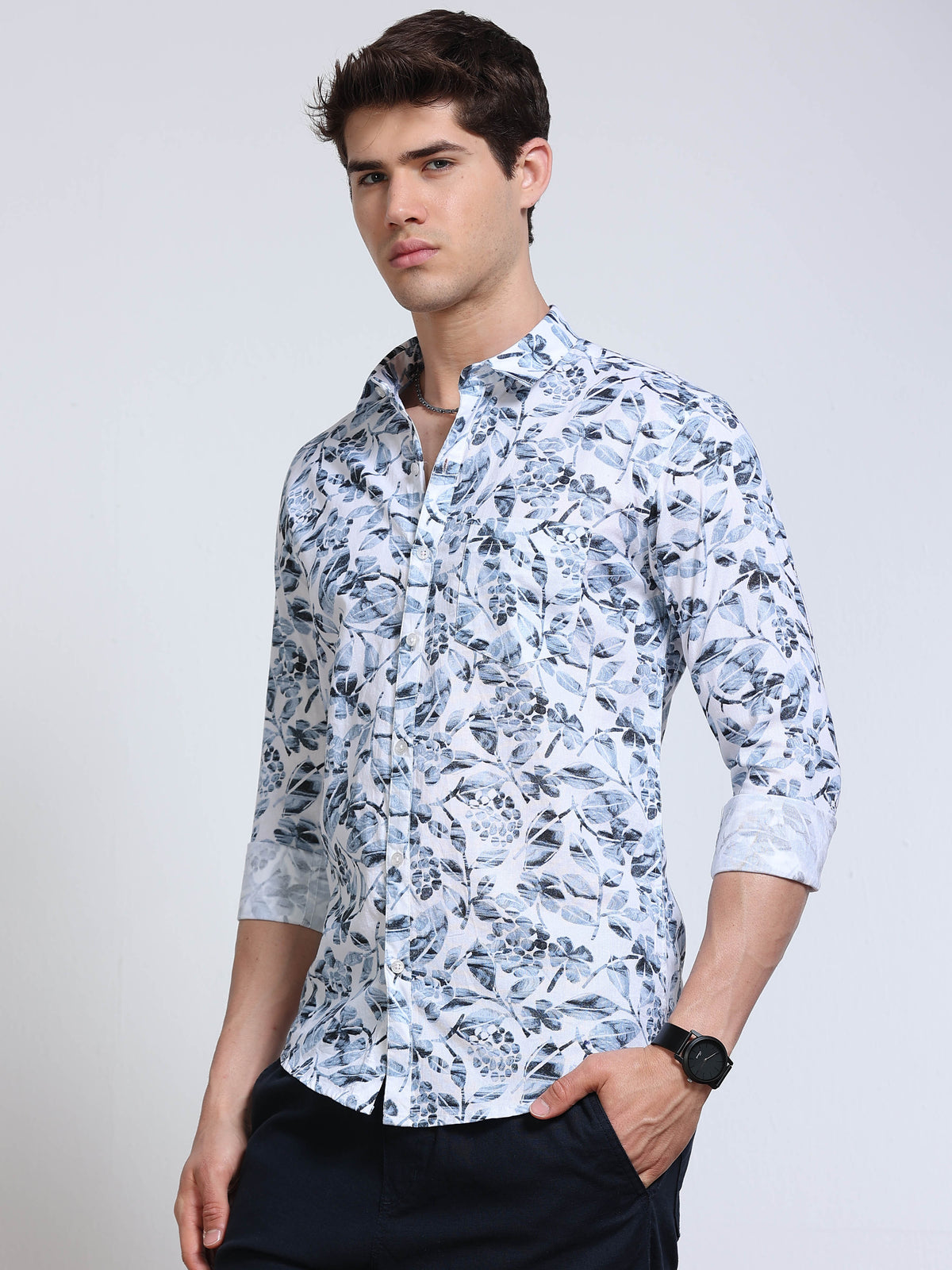 Men's Linen White Floral Printed Shirt