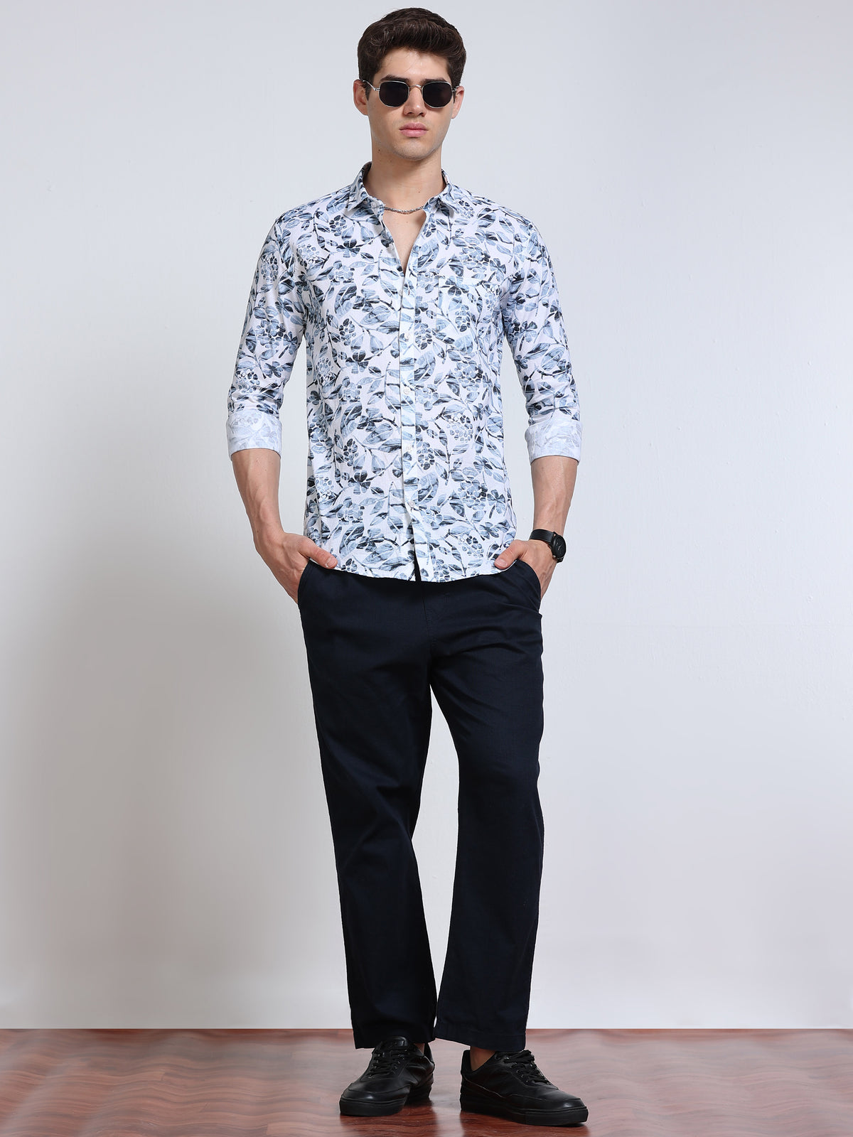 Men's Linen White Floral Printed Shirt