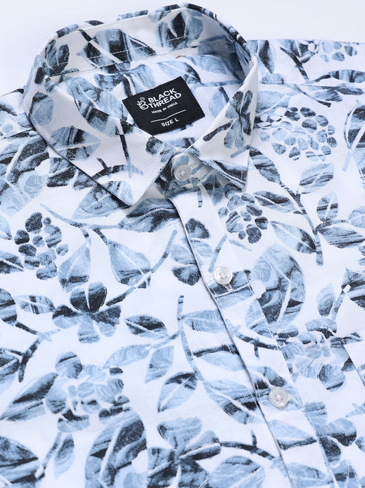 Men's Linen White Floral Printed Shirt