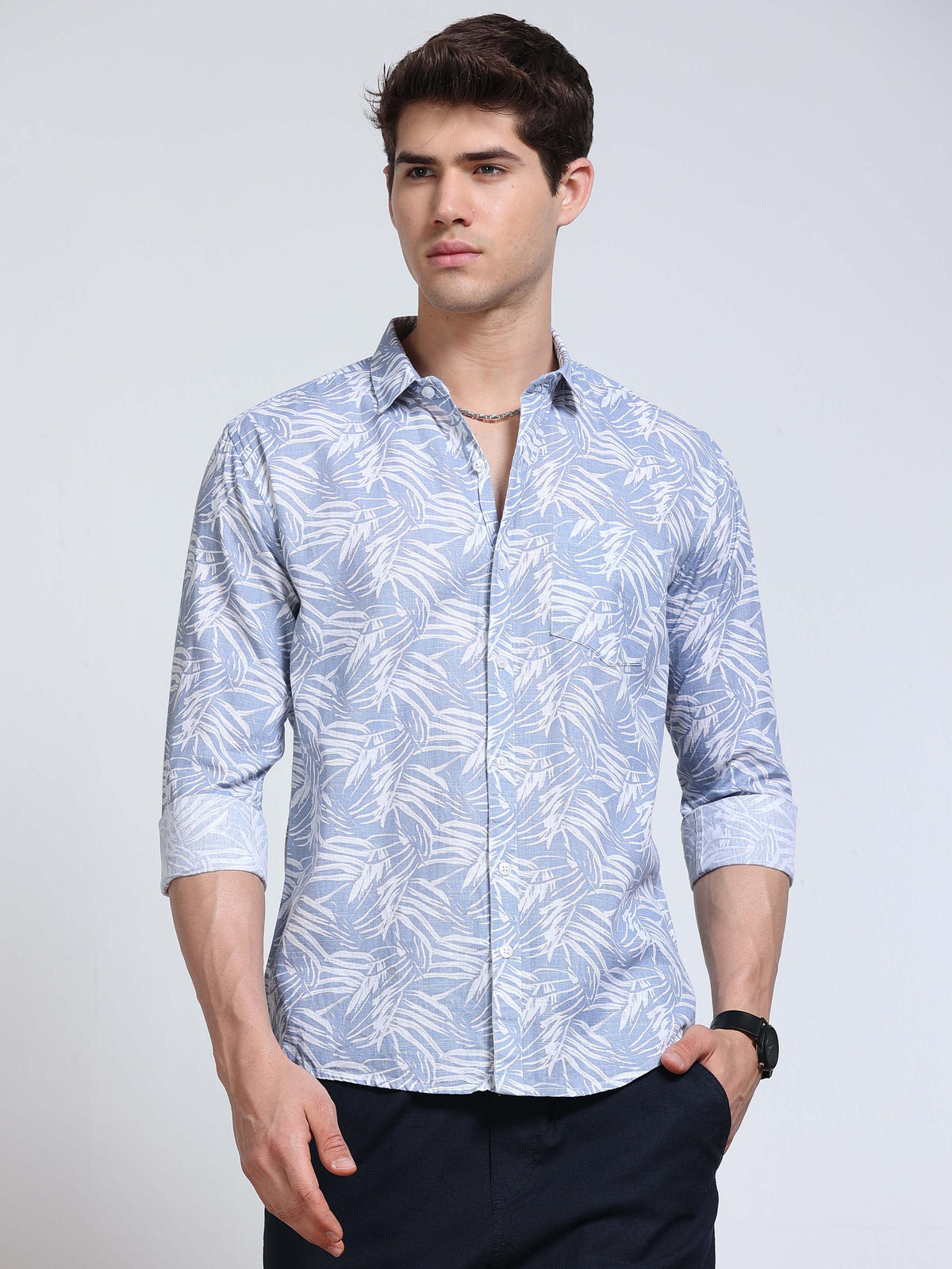 Men's Linen Light Blue Tropical Leaf Printed Shirt