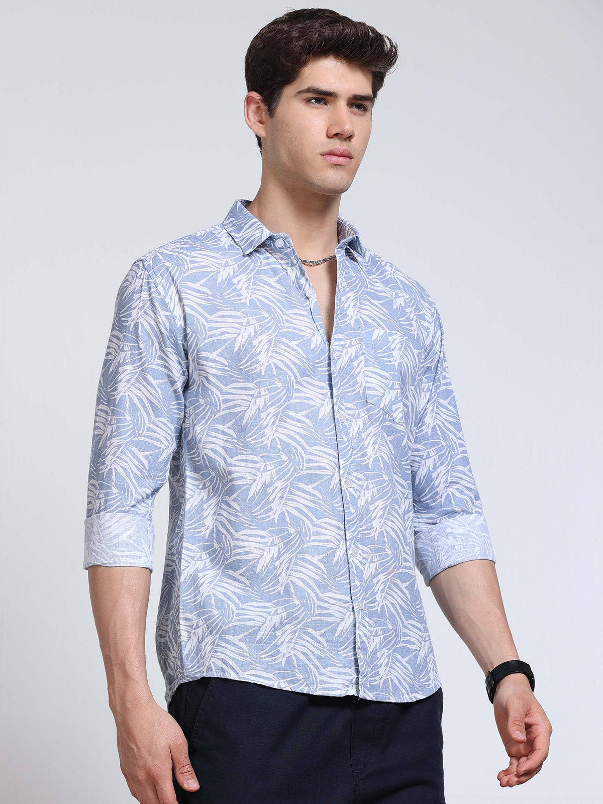 Men's Linen Light Blue Tropical Leaf Printed Shirt