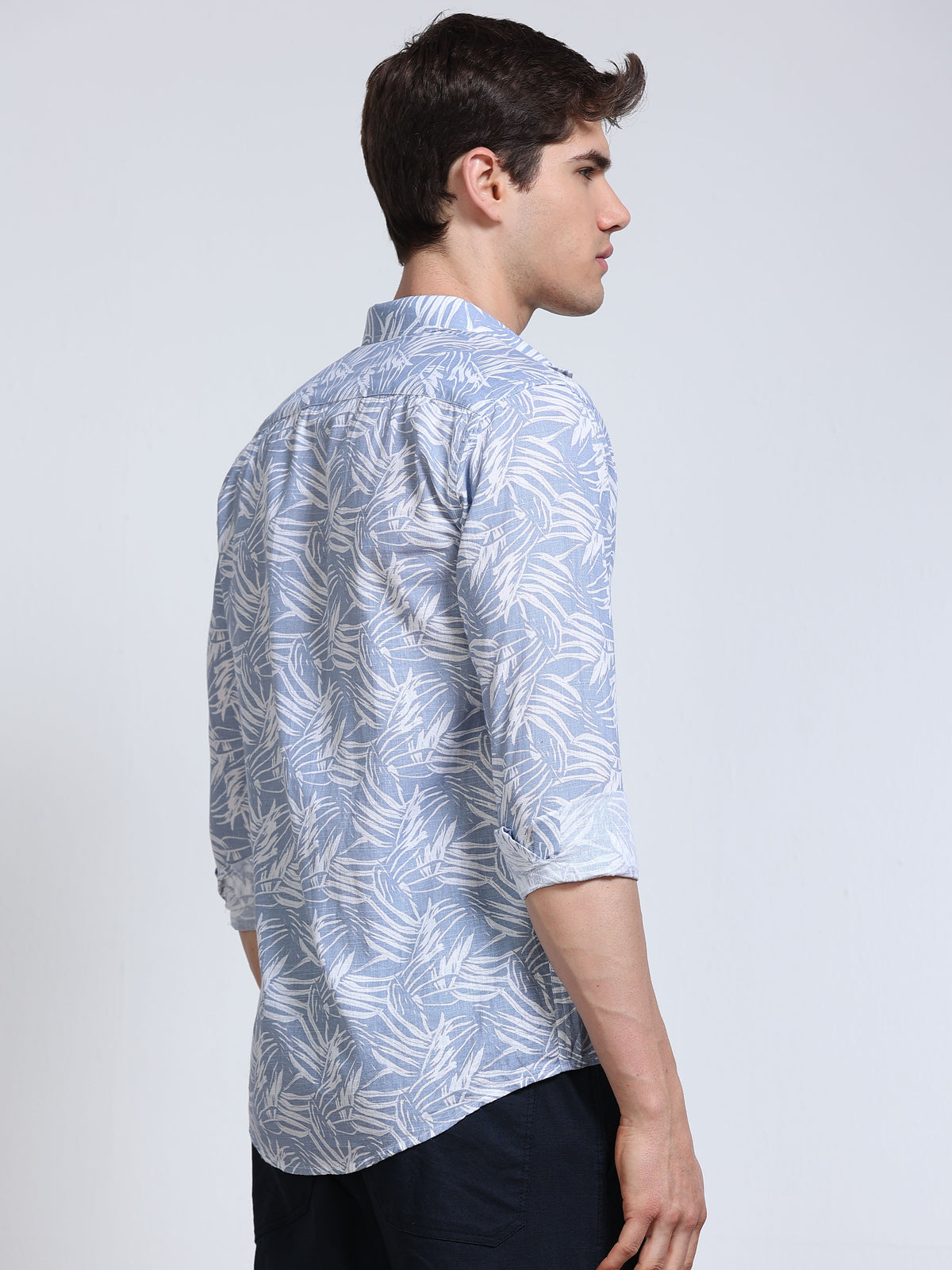 Men's Linen Light Blue Tropical Leaf Printed Shirt