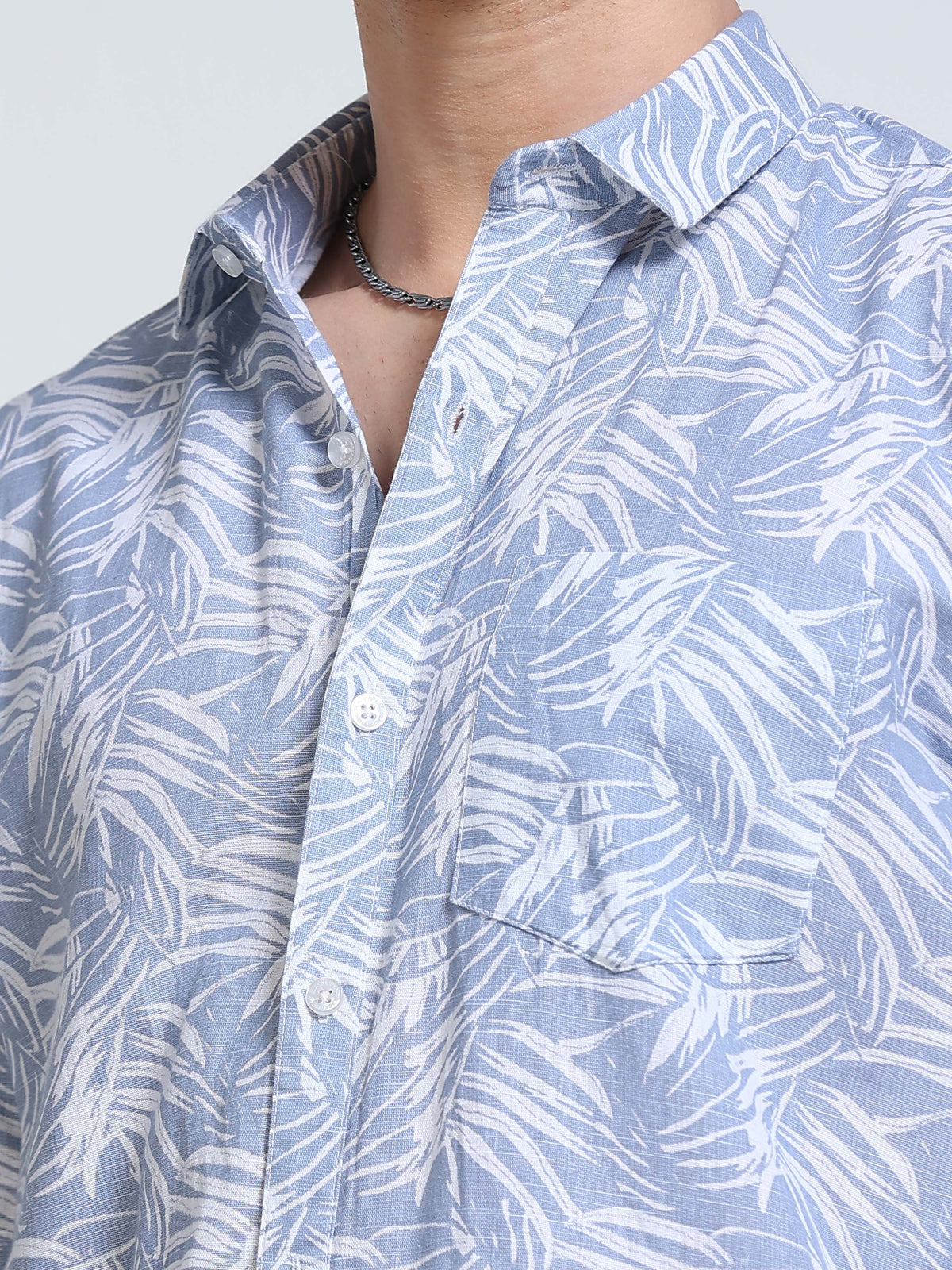 Men's Linen Light Blue Tropical Leaf Printed Shirt