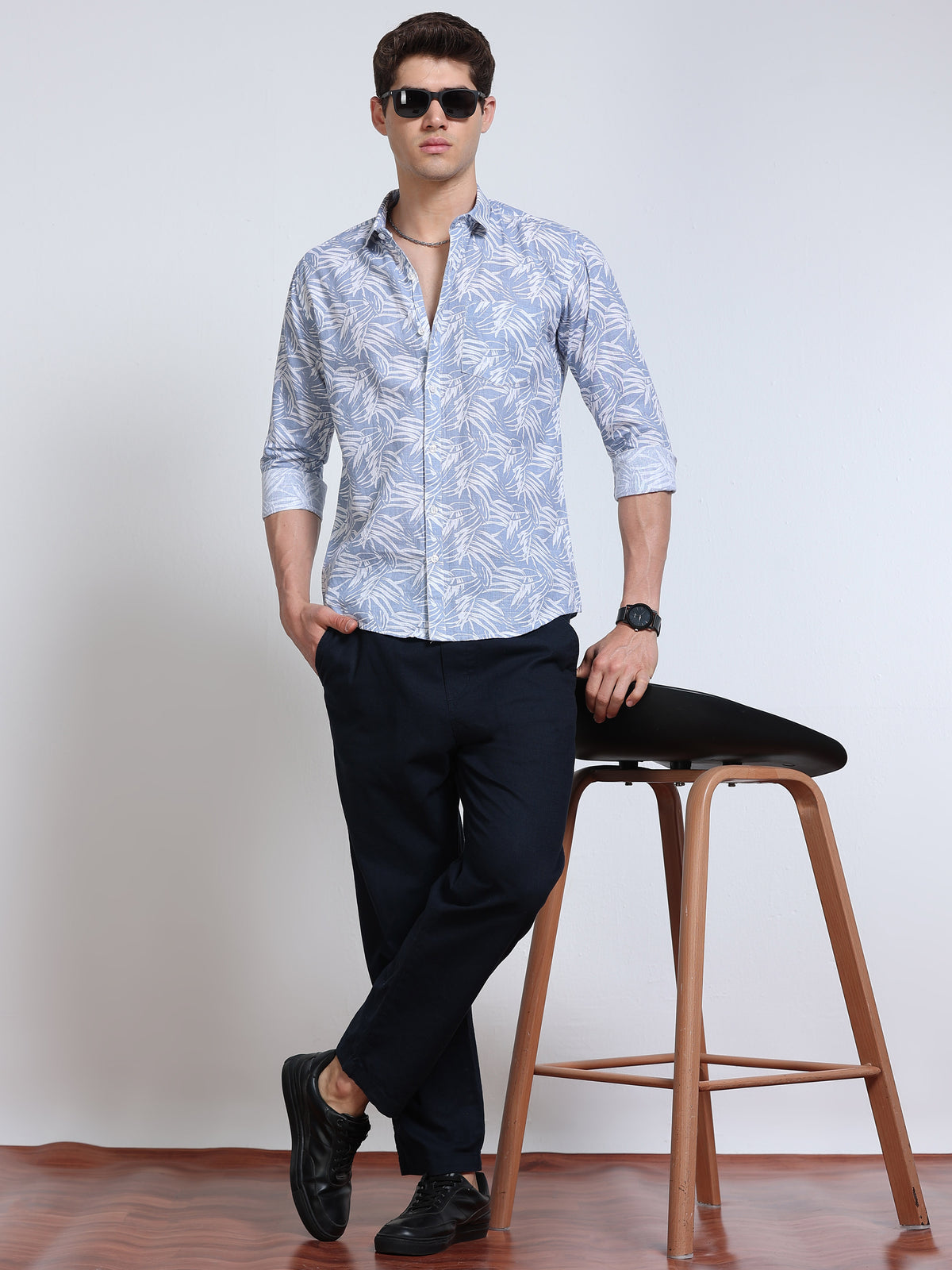 Men's Linen Light Blue Tropical Leaf Printed Shirt