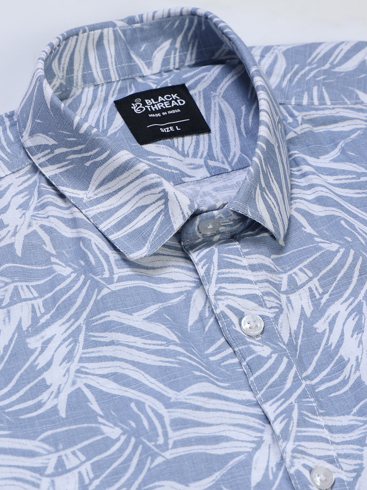 Men's Linen Light Blue Tropical Leaf Printed Shirt