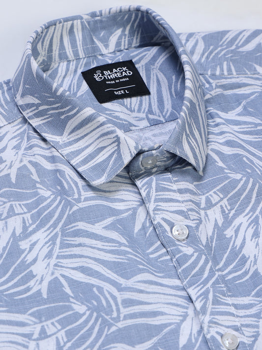 Men's Linen Light Blue Tropical Leaf Printed Shirt