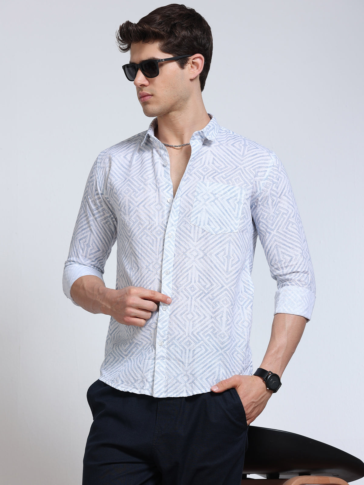 Men's Linen White Geometric Diamond Printed Shirt