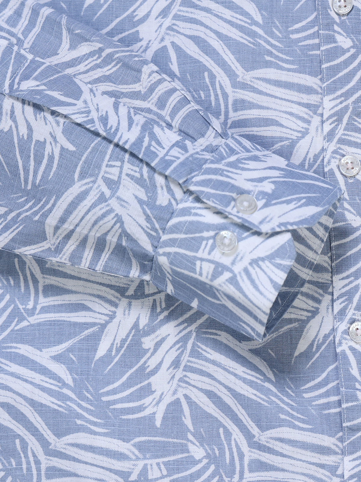 Men's Linen Light Blue Tropical Leaf Printed Shirt