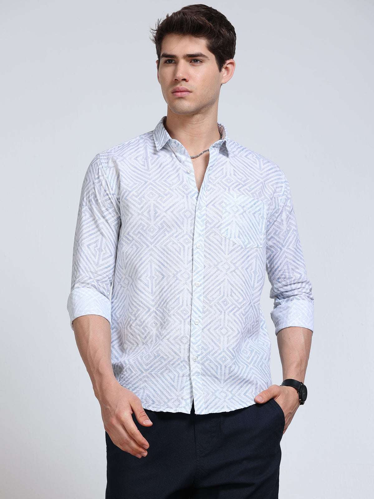 Men's Linen White Geometric Diamond Printed Shirt