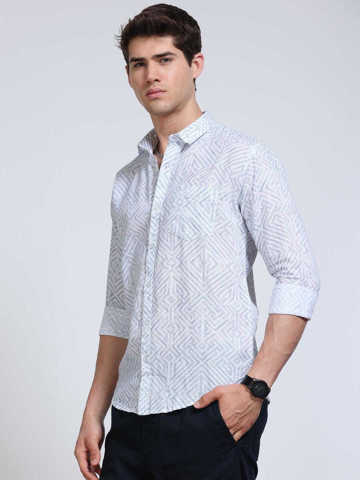 Men's Linen White Geometric Diamond Printed Shirt