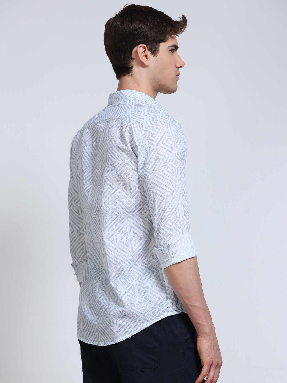 Men's Linen White Geometric Diamond Printed Shirt