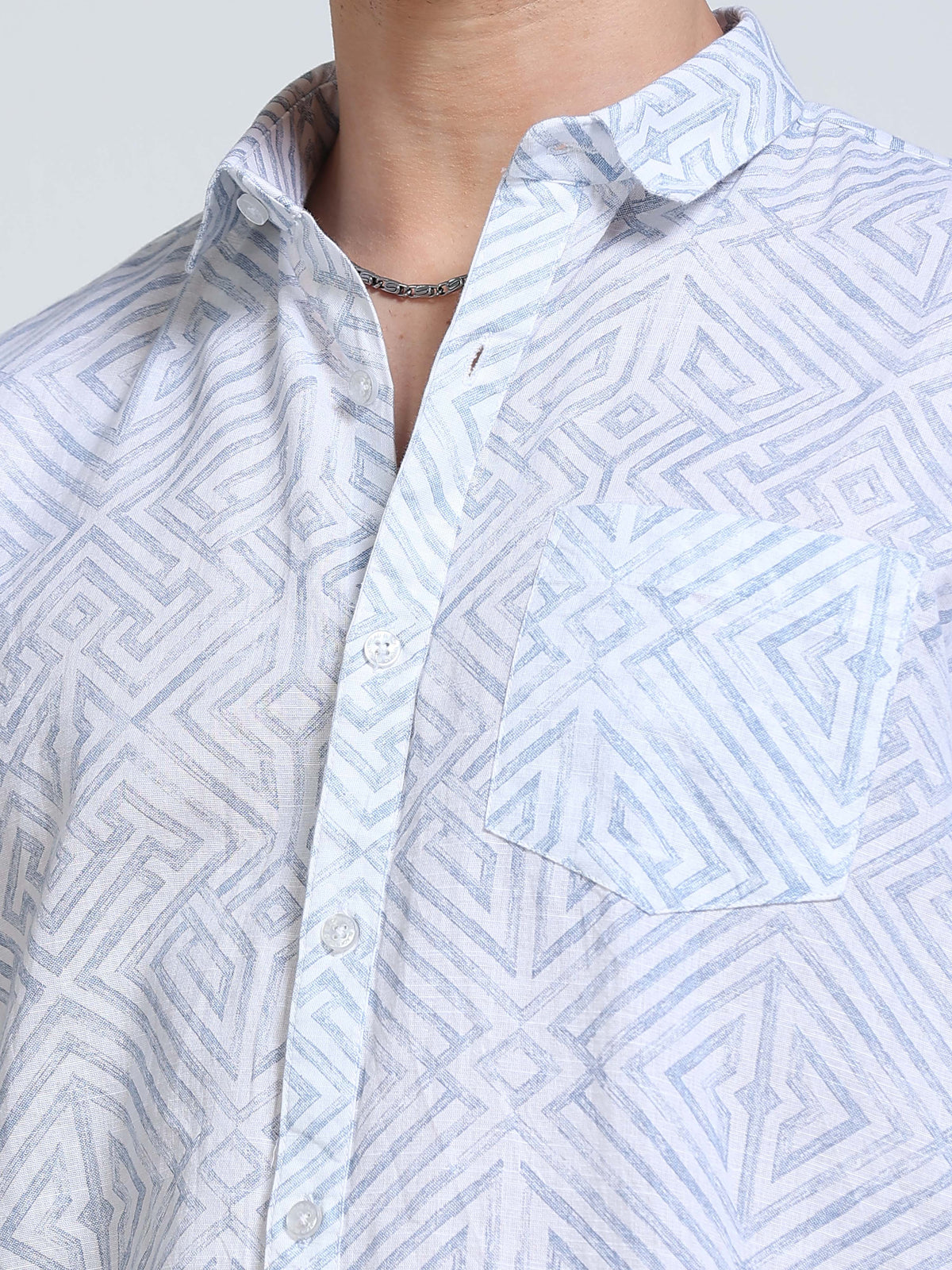 Men's Linen White Geometric Diamond Printed Shirt