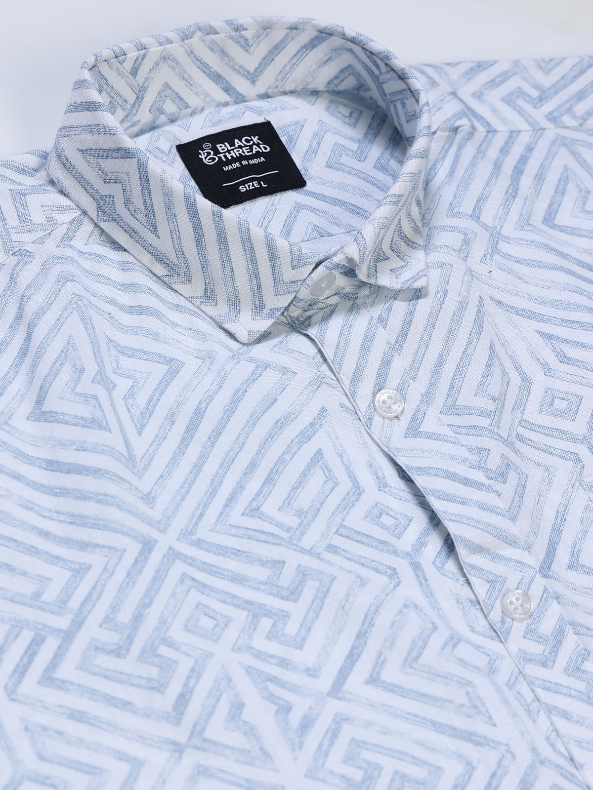Men's Linen White Geometric Diamond Printed Shirt