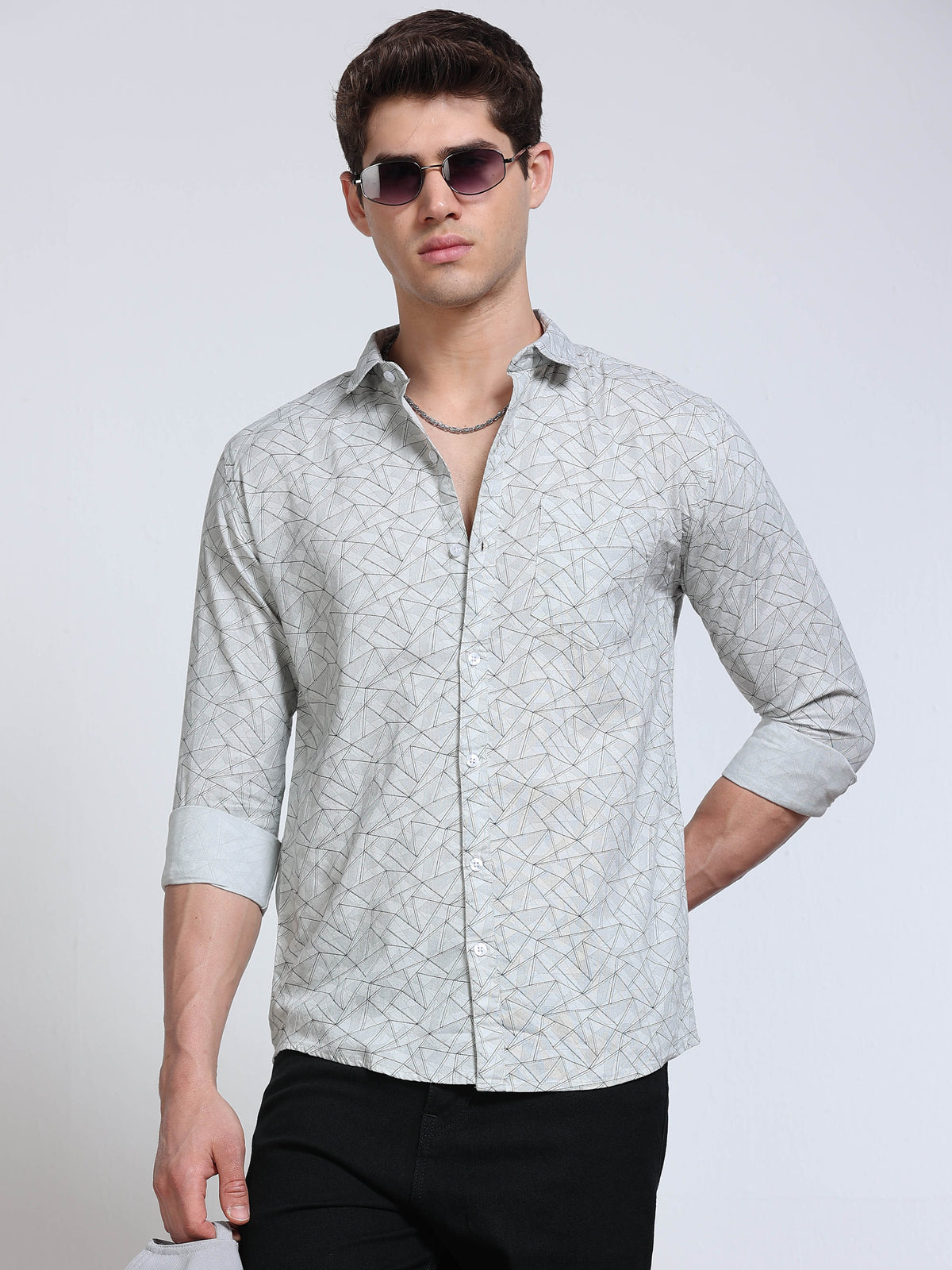 Men's Linen Grey Geometric Triangle Printed Shirt