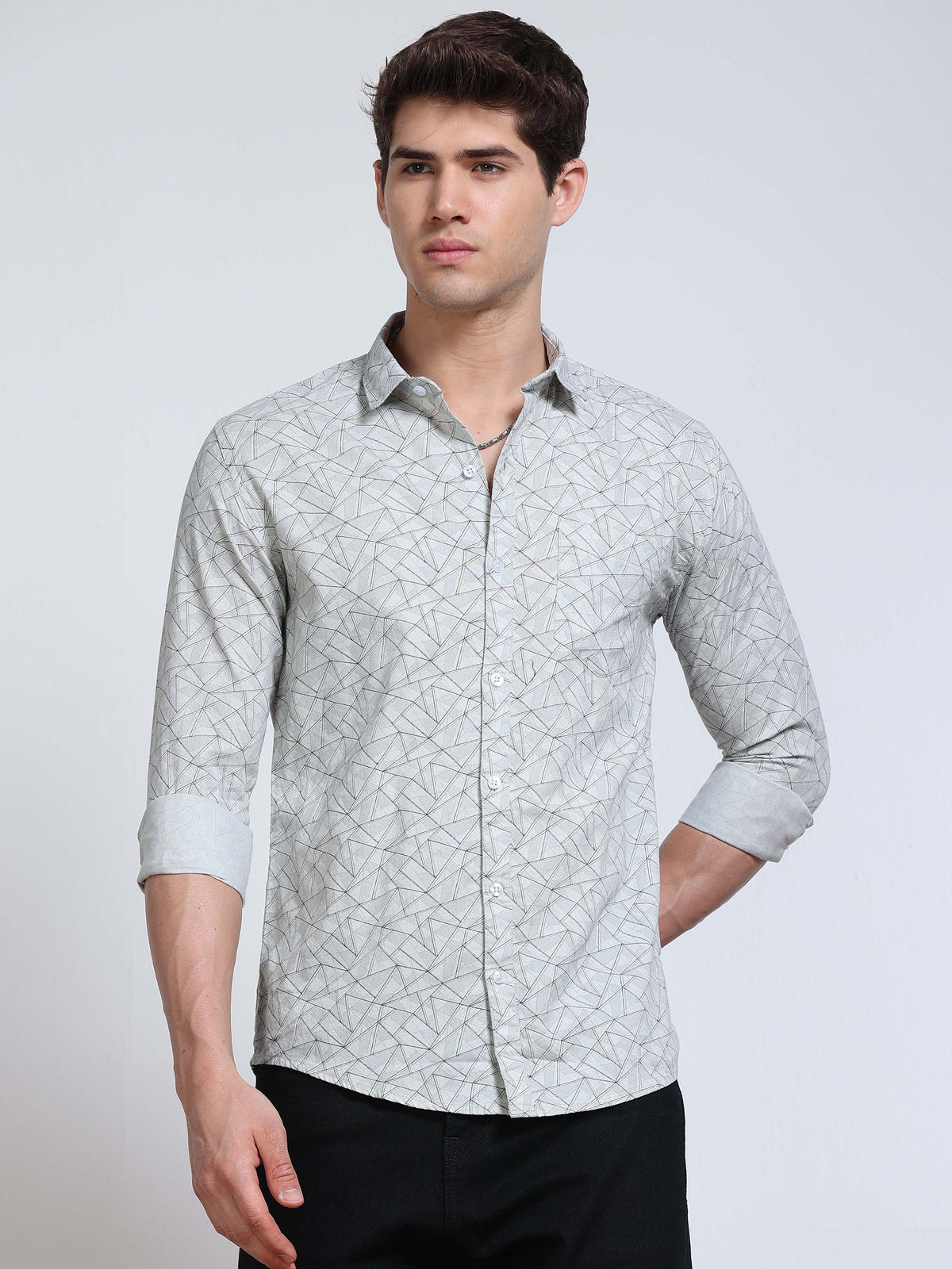 Men's Linen Grey Geometric Triangle Printed Shirt