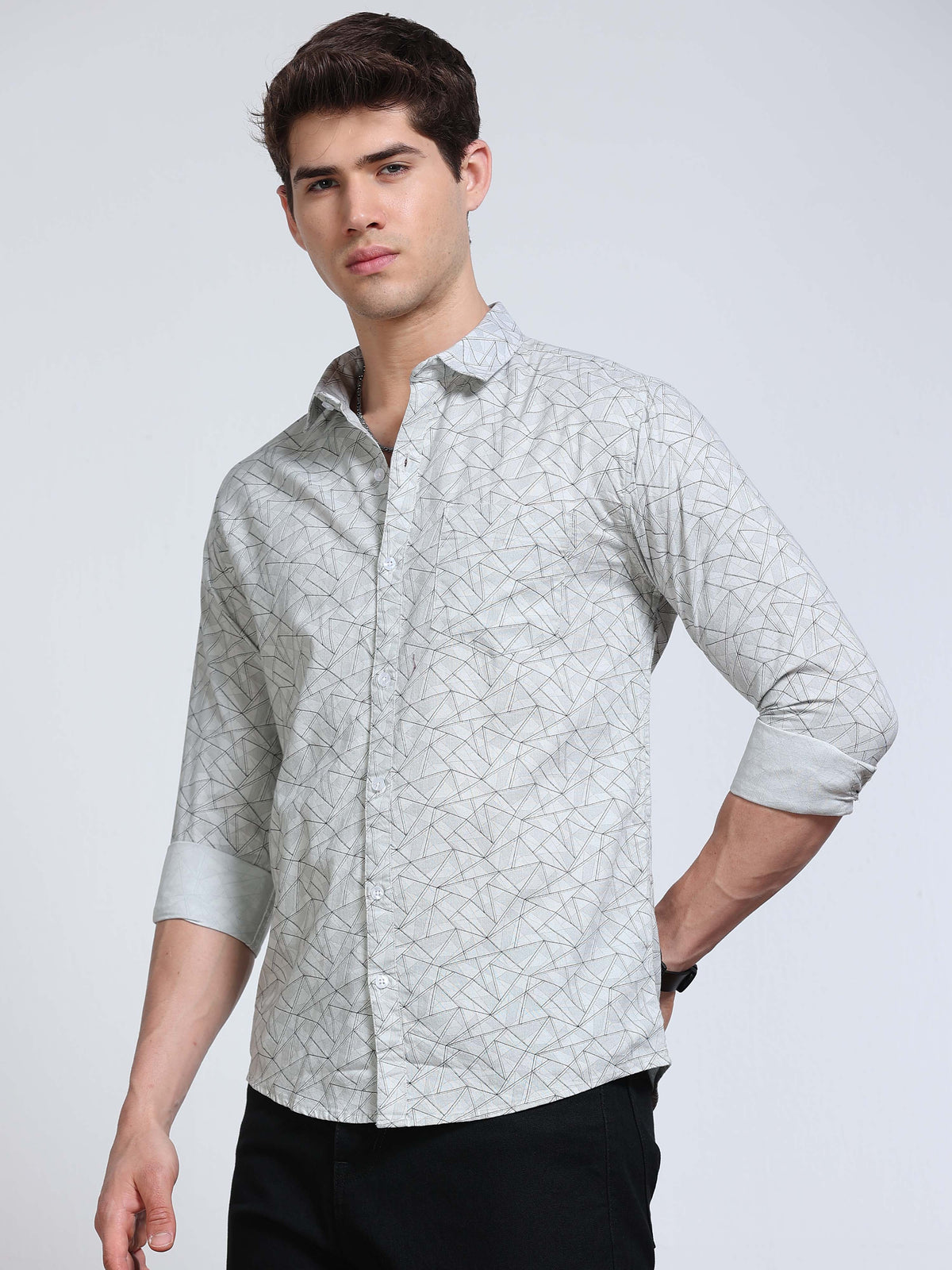 Men's Linen Grey Geometric Triangle Printed Shirt