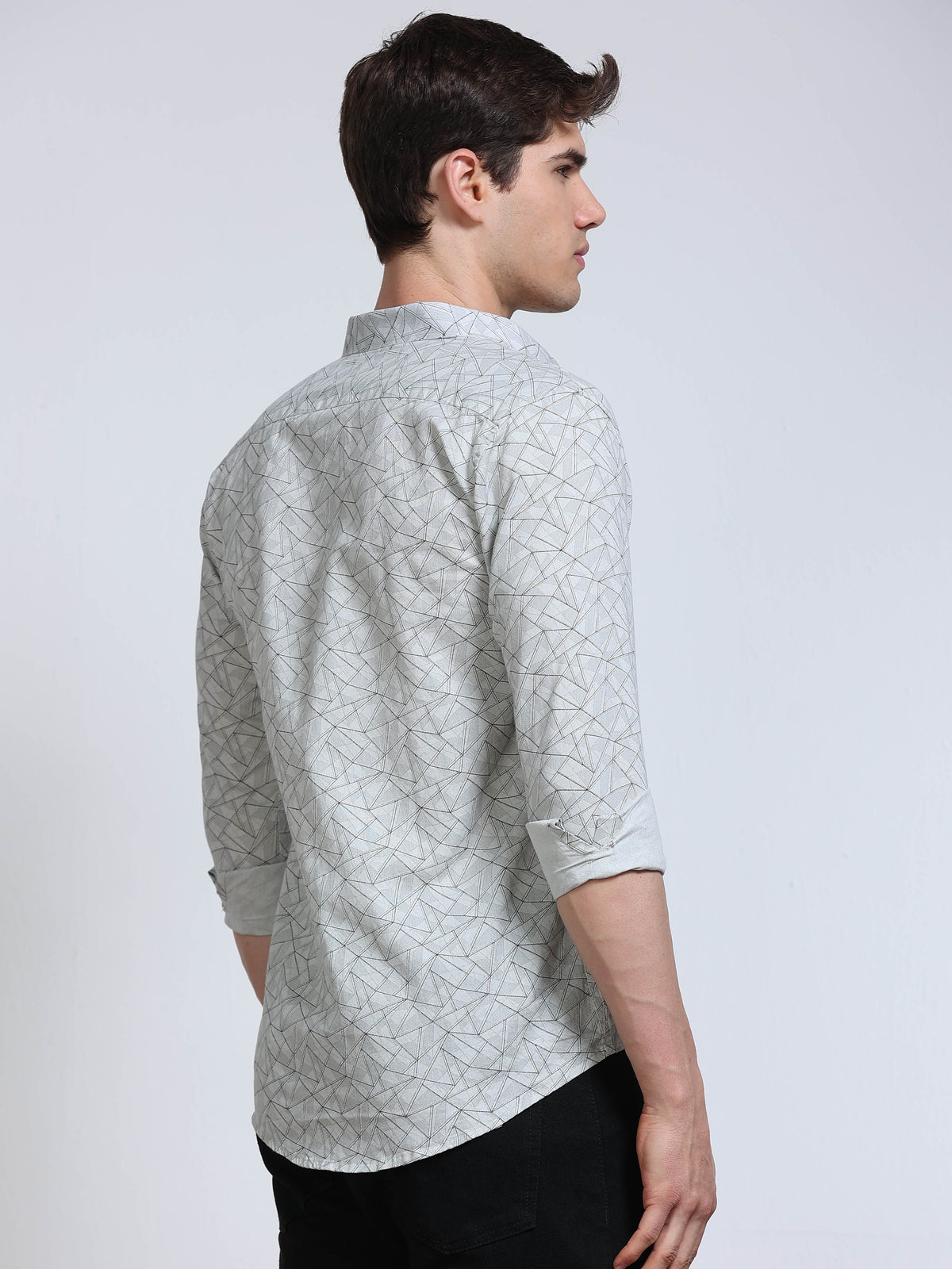 Men's Linen Grey Geometric Triangle Printed Shirt