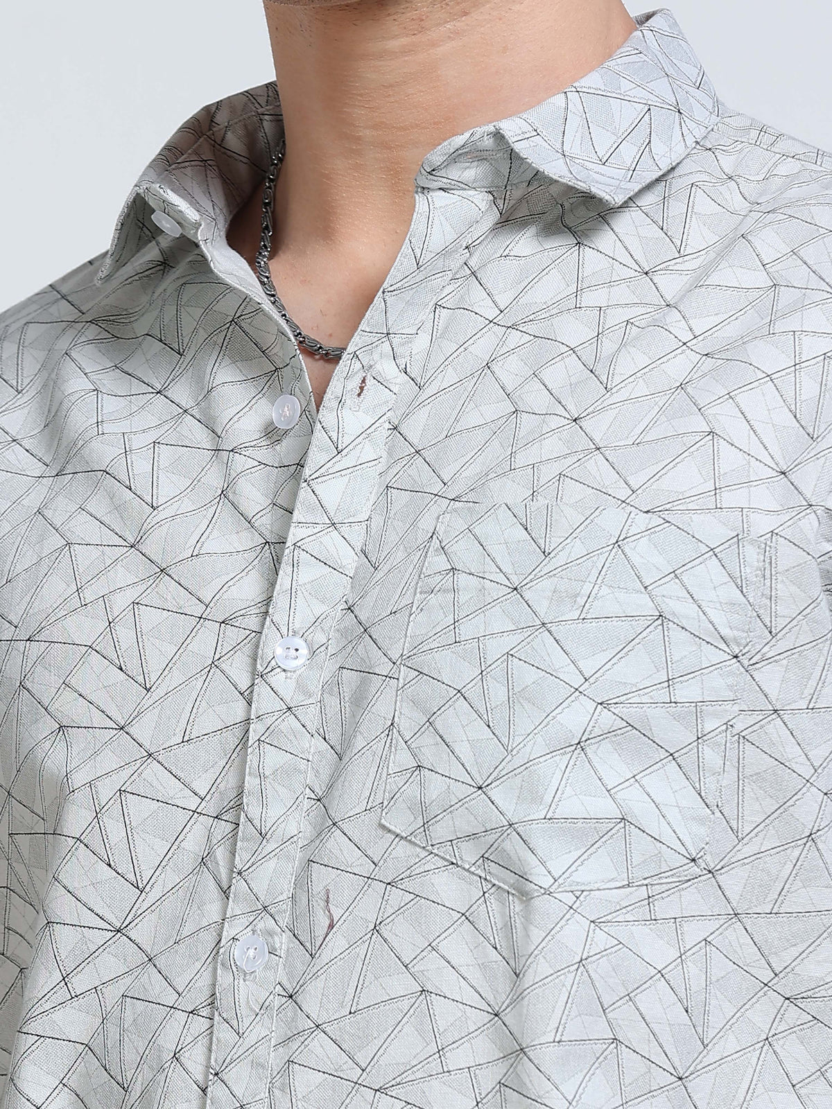 Men's Linen Grey Geometric Triangle Printed Shirt