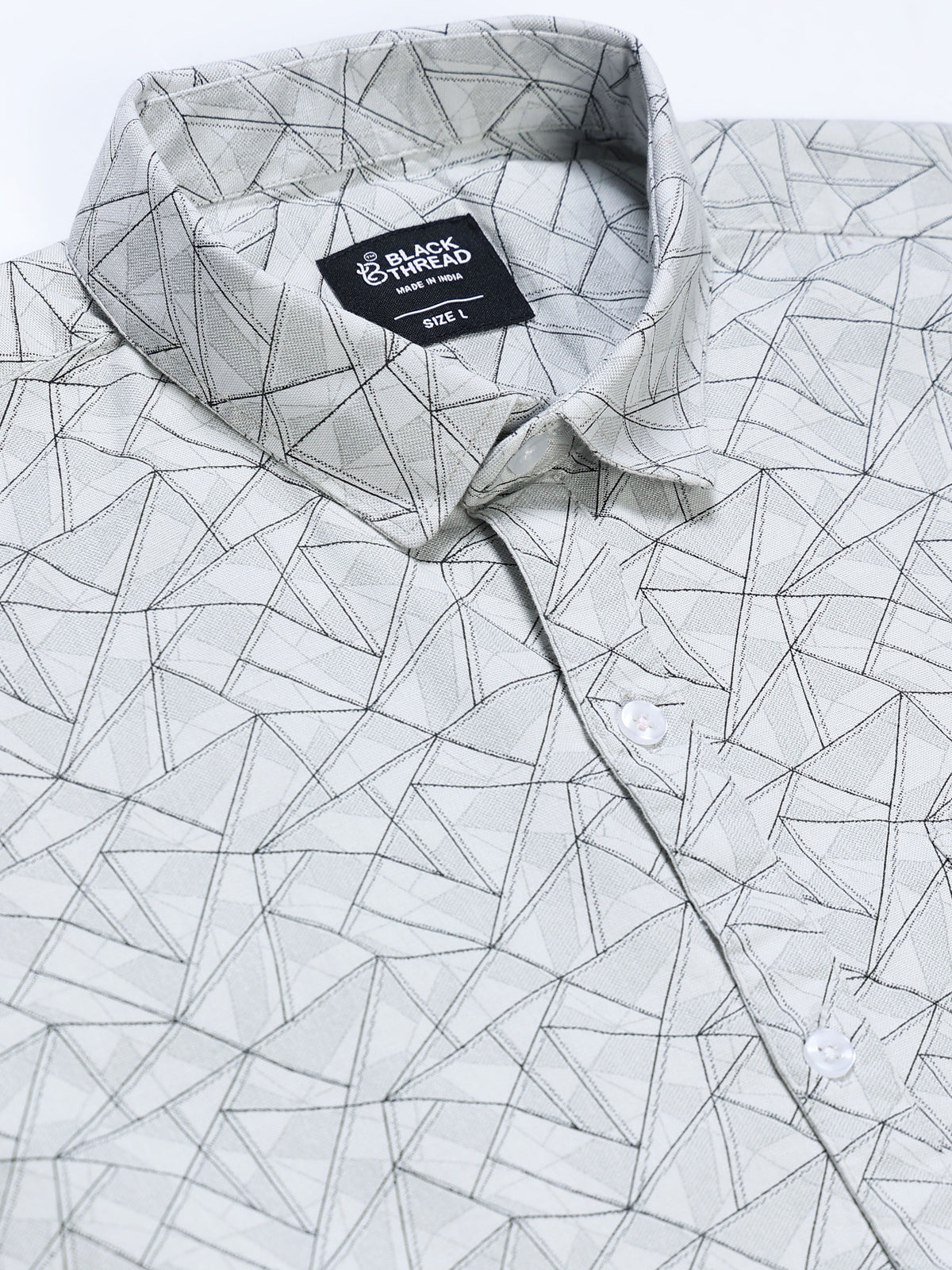 Men's Linen Grey Geometric Triangle Printed Shirt