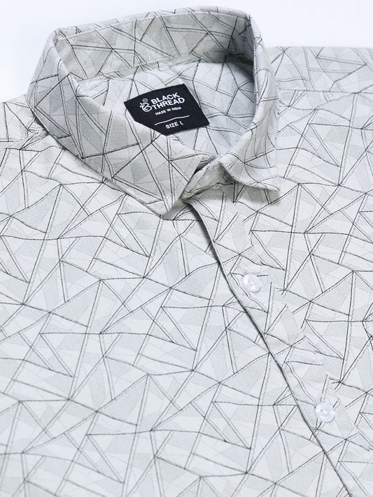 Men's Linen Grey Geometric Triangle Printed Shirt