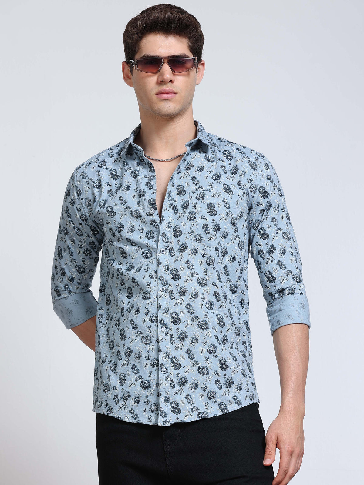 Men's Linen Light Blue Dark Floral Printed Shirt