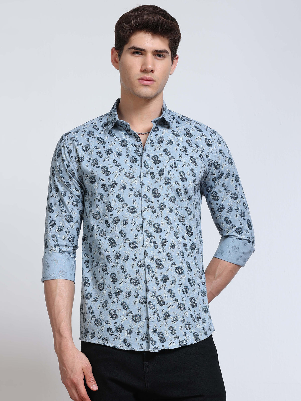 Men's Linen Light Blue Dark Floral Printed Shirt