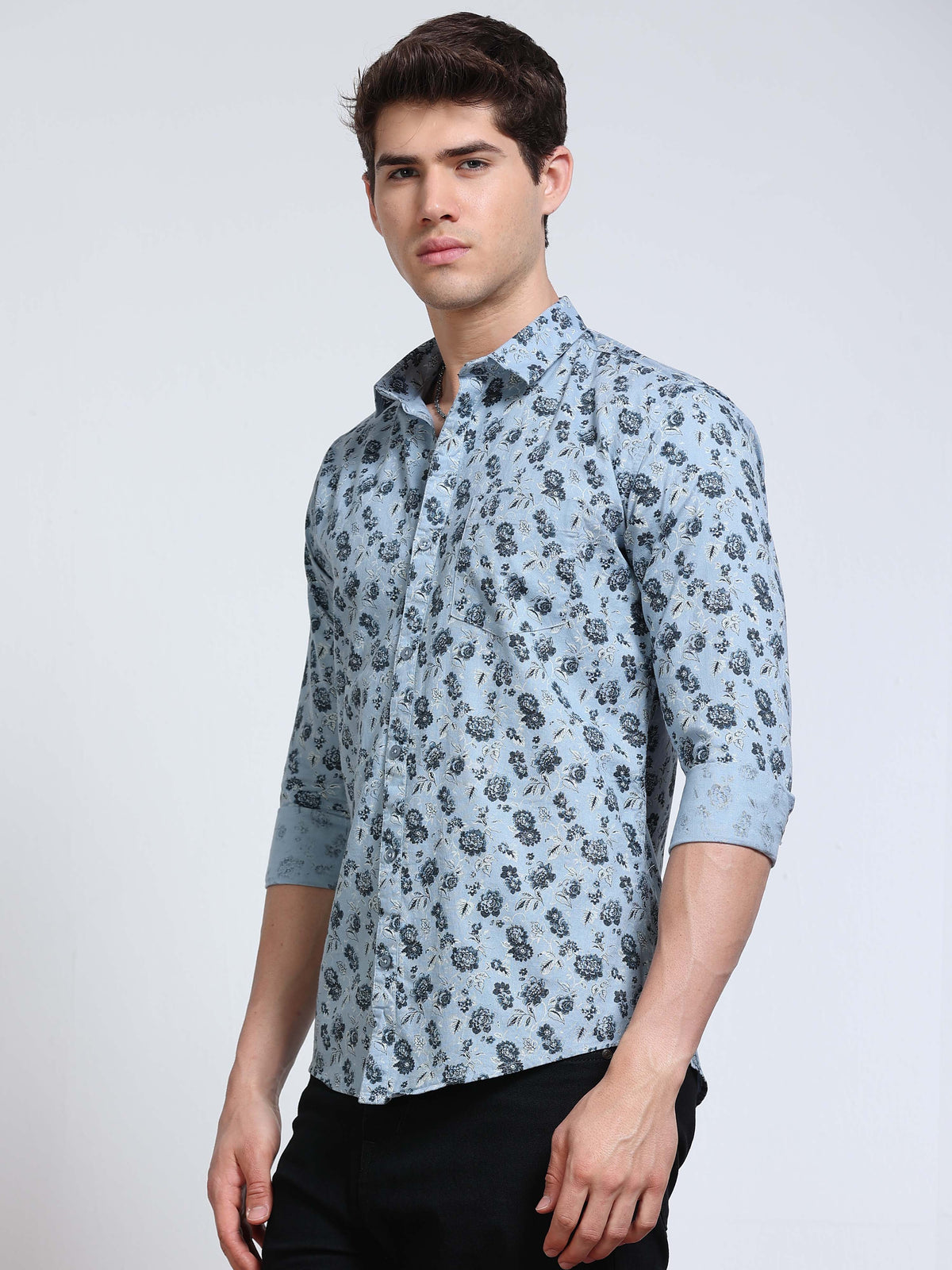 Men's Linen Light Blue Dark Floral Printed Shirt