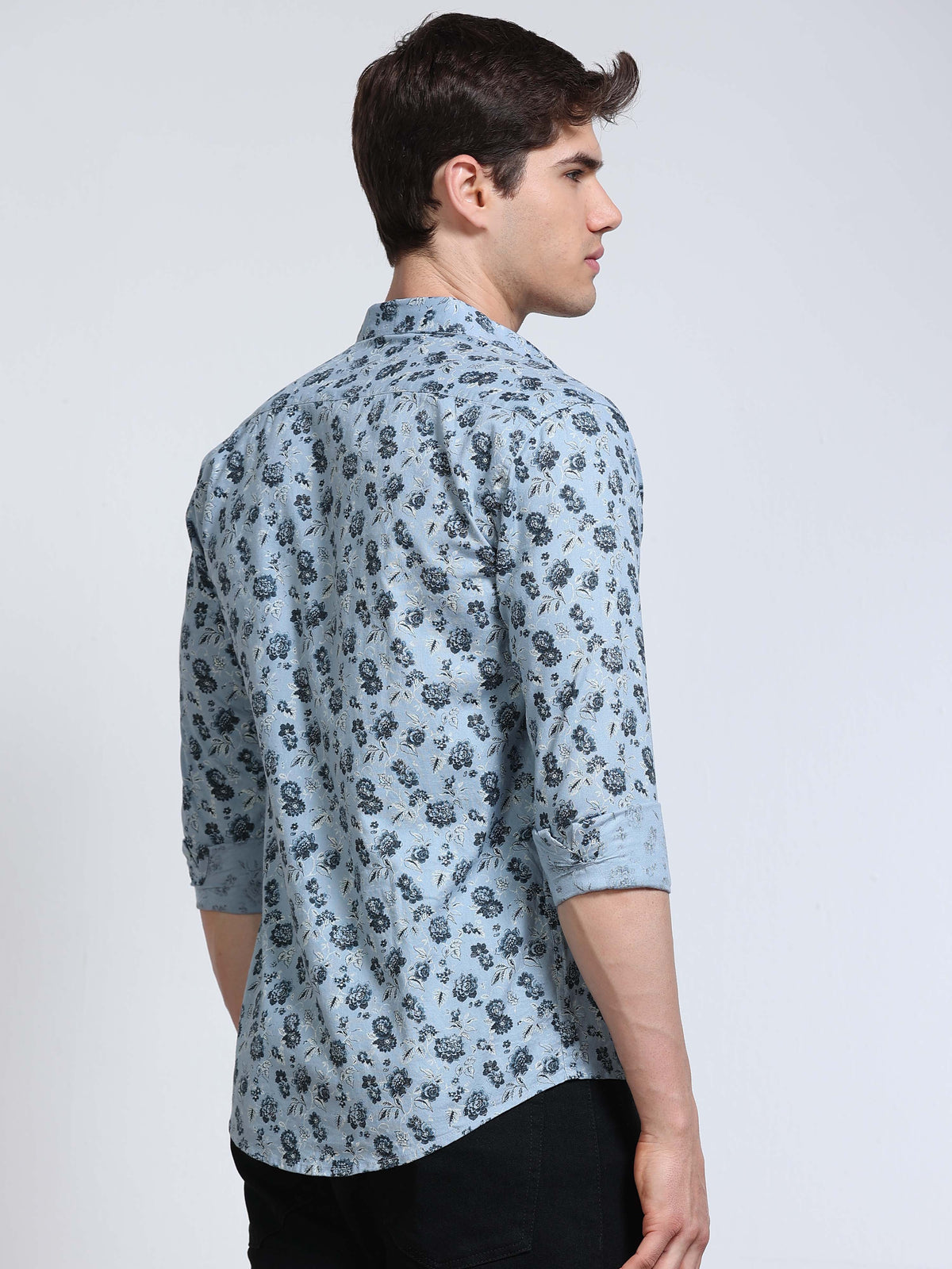 Men's Linen Light Blue Dark Floral Printed Shirt