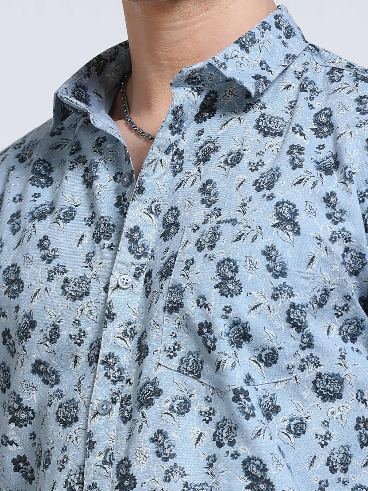 Men's Linen Light Blue Dark Floral Printed Shirt