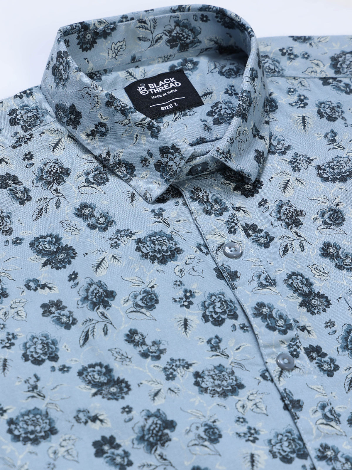 Men's Linen Light Blue Dark Floral Printed Shirt