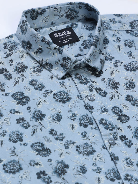 Men's Linen Light Blue Dark Floral Printed Shirt