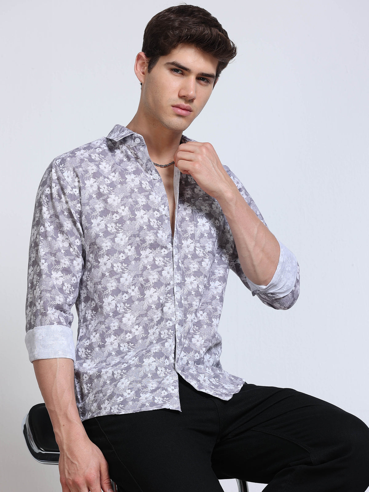 Men's Linen Grey White Floral Printed Shirt