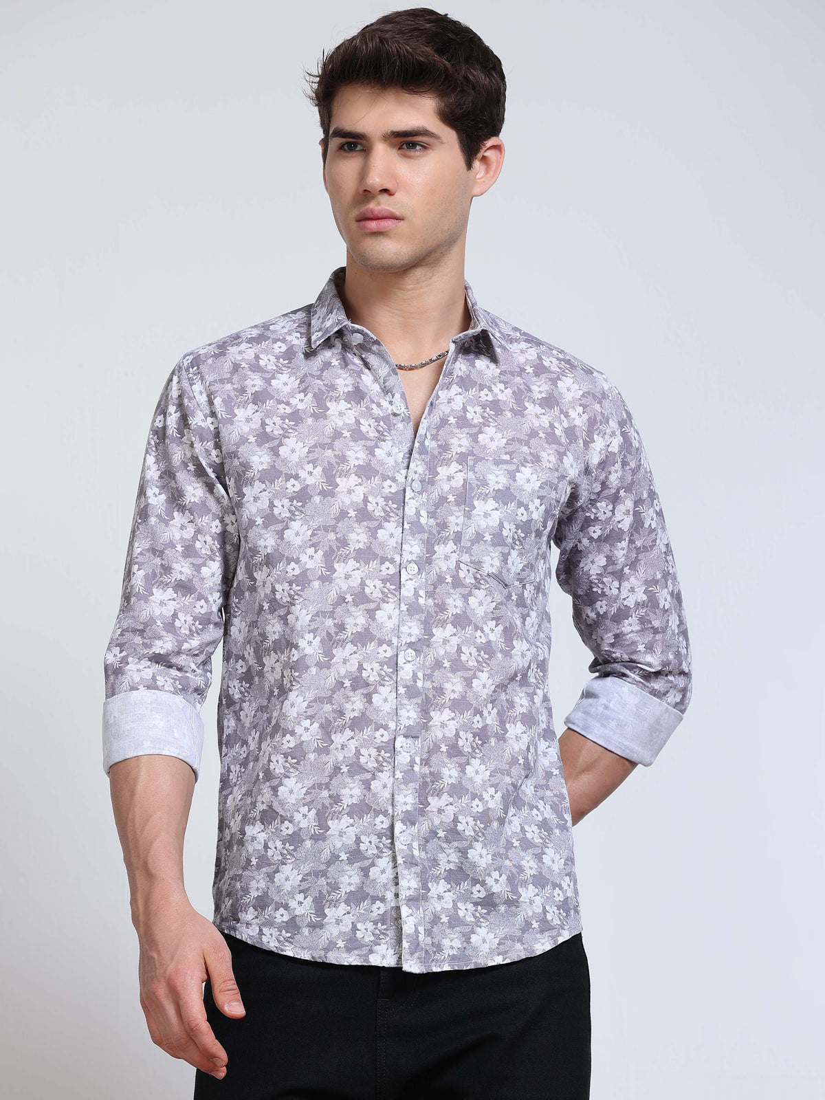 Men's Linen Grey White Floral Printed Shirt