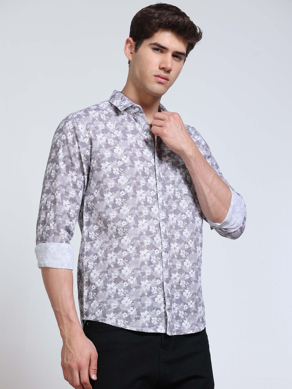 Men's Linen Grey White Floral Printed Shirt