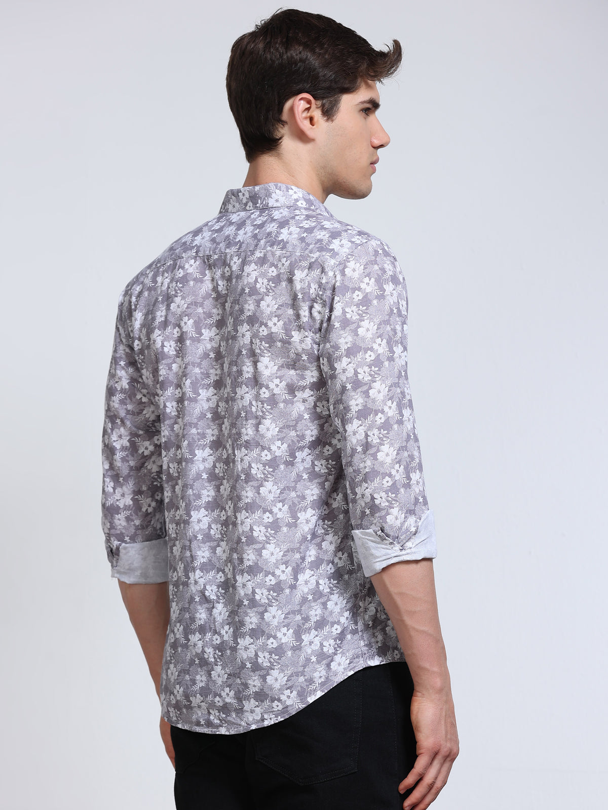 Men's Linen Grey White Floral Printed Shirt