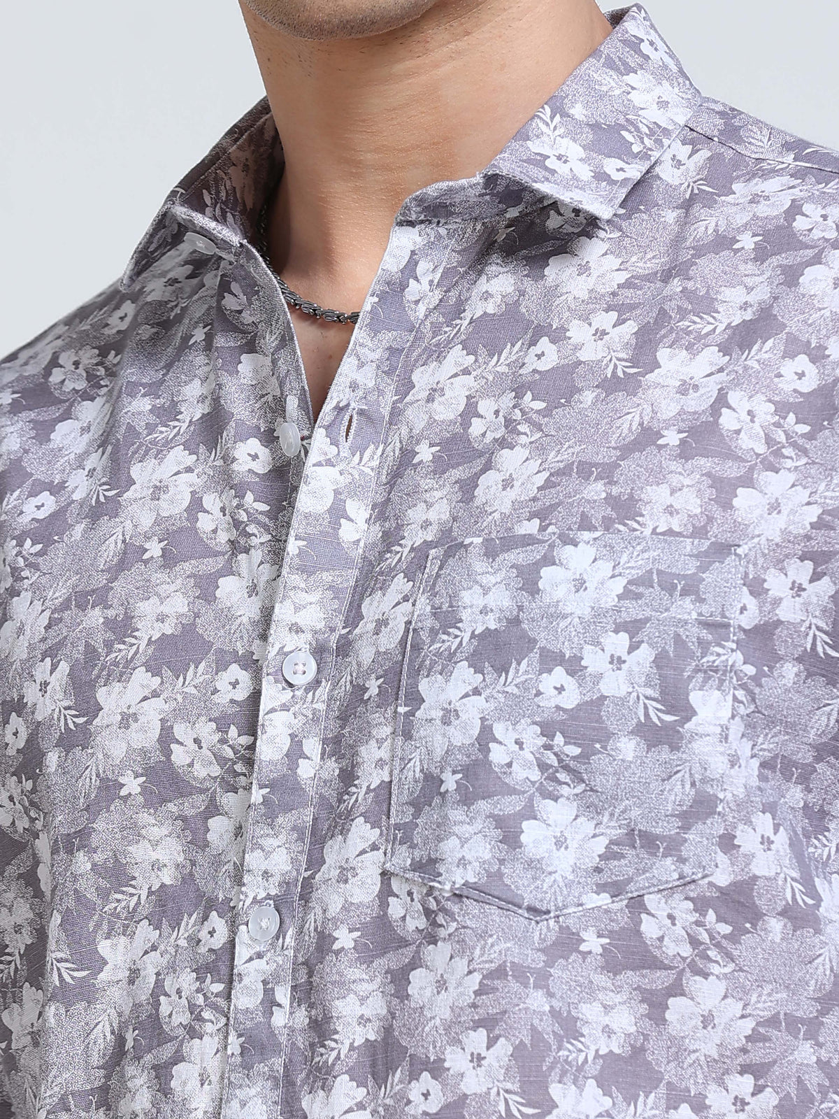 Men's Linen Grey White Floral Printed Shirt