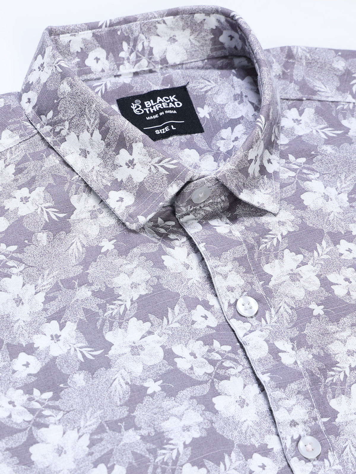 Men's Linen Grey White Floral Printed Shirt