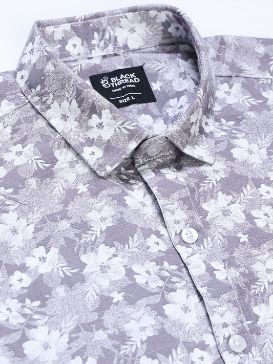Men's Linen Grey White Floral Printed Shirt