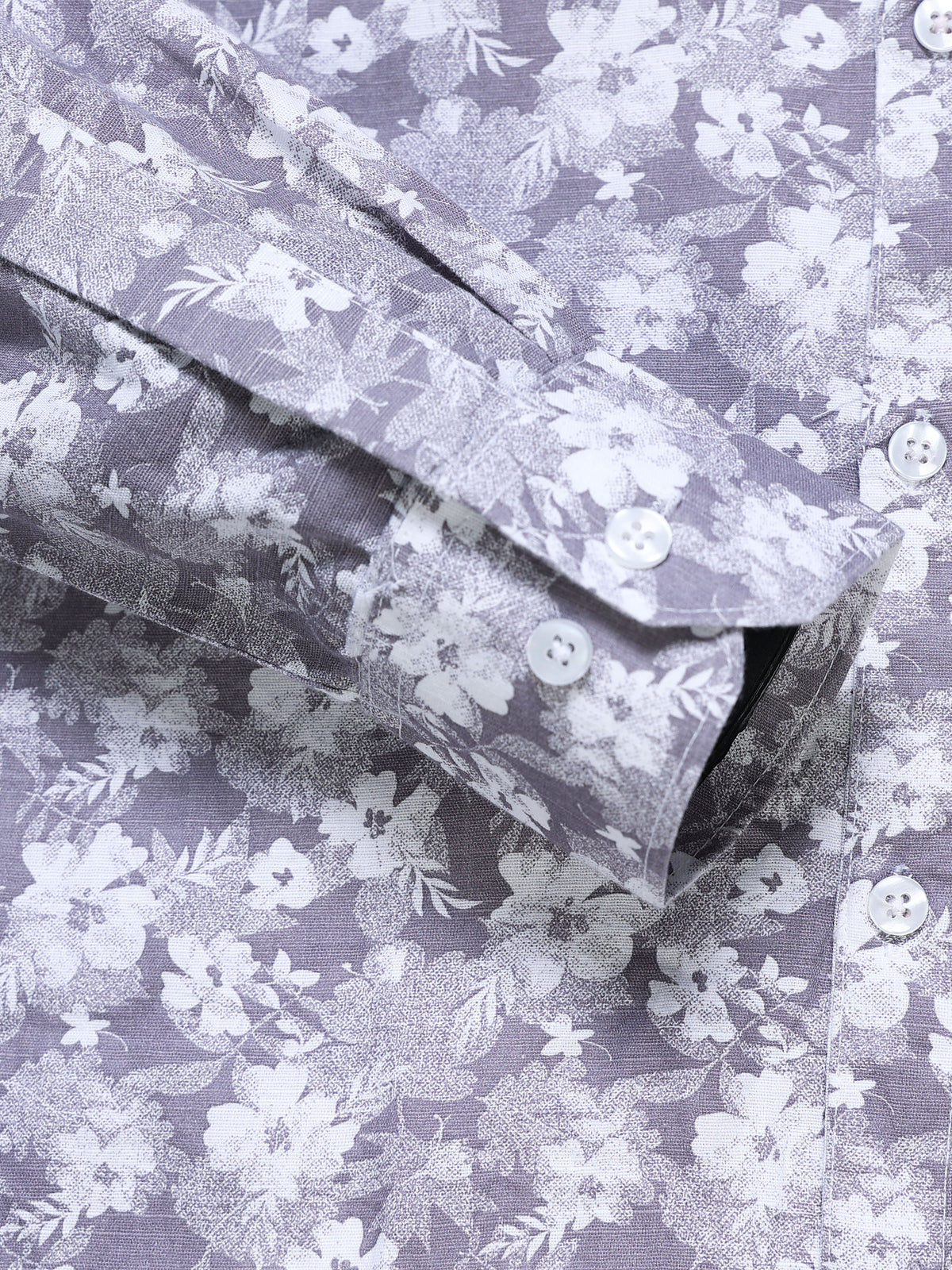 Men's Linen Grey White Floral Printed Shirt