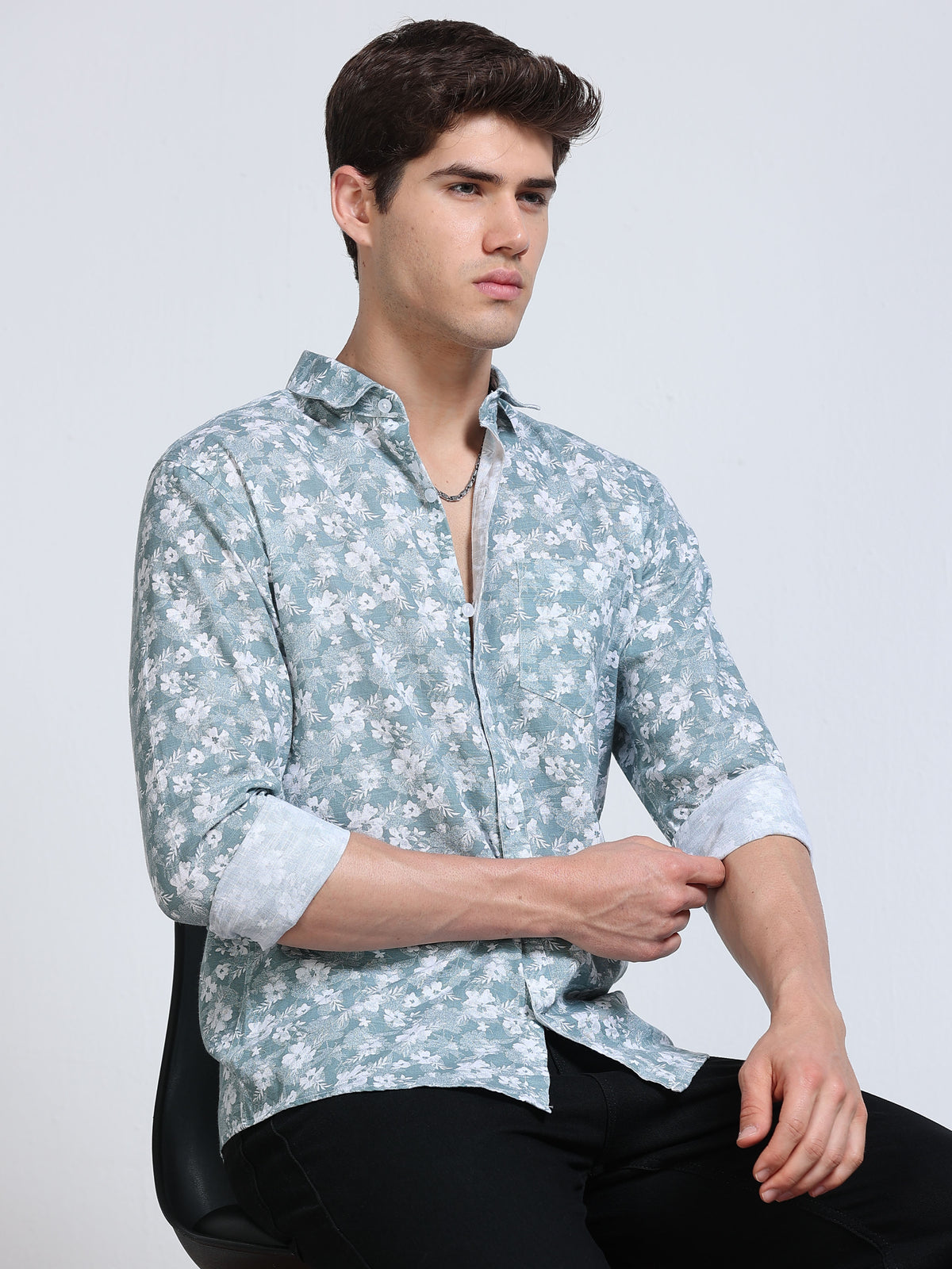 Men's Linen Teal White Floral Printed Shirt
