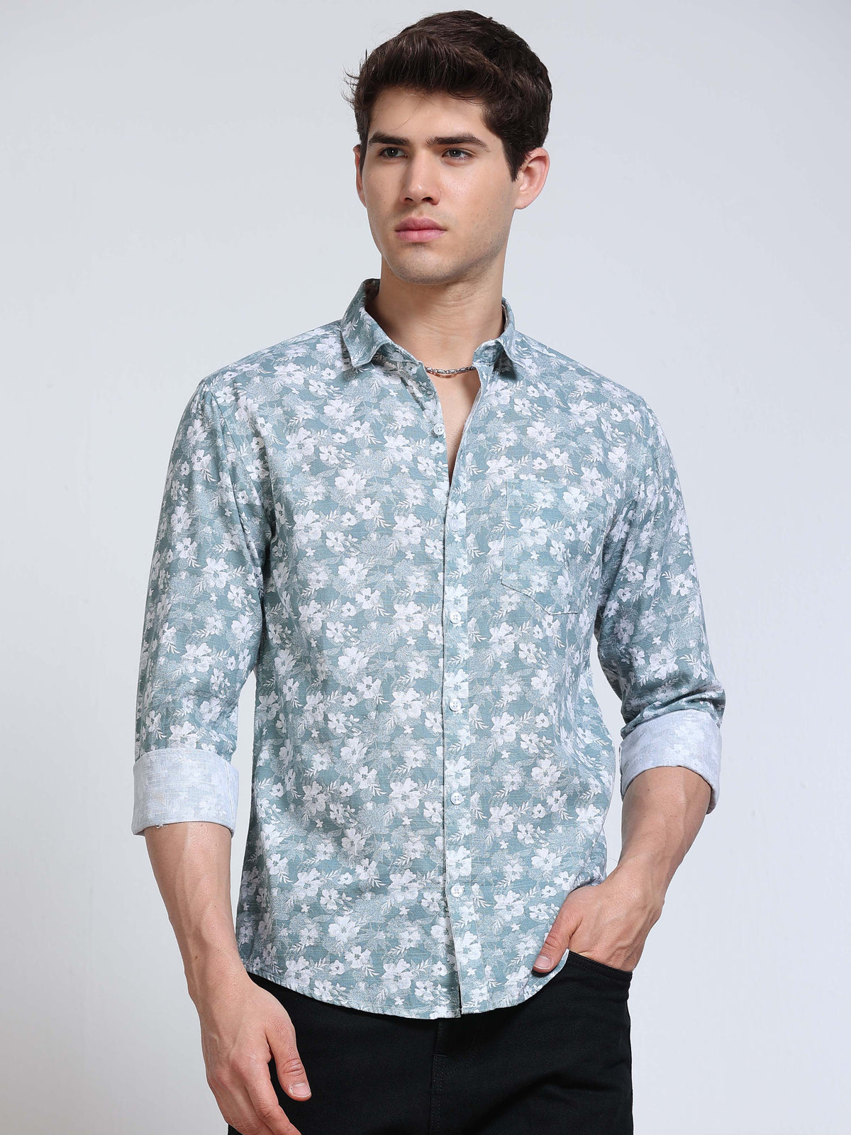 Men's Linen Teal White Floral Printed Shirt