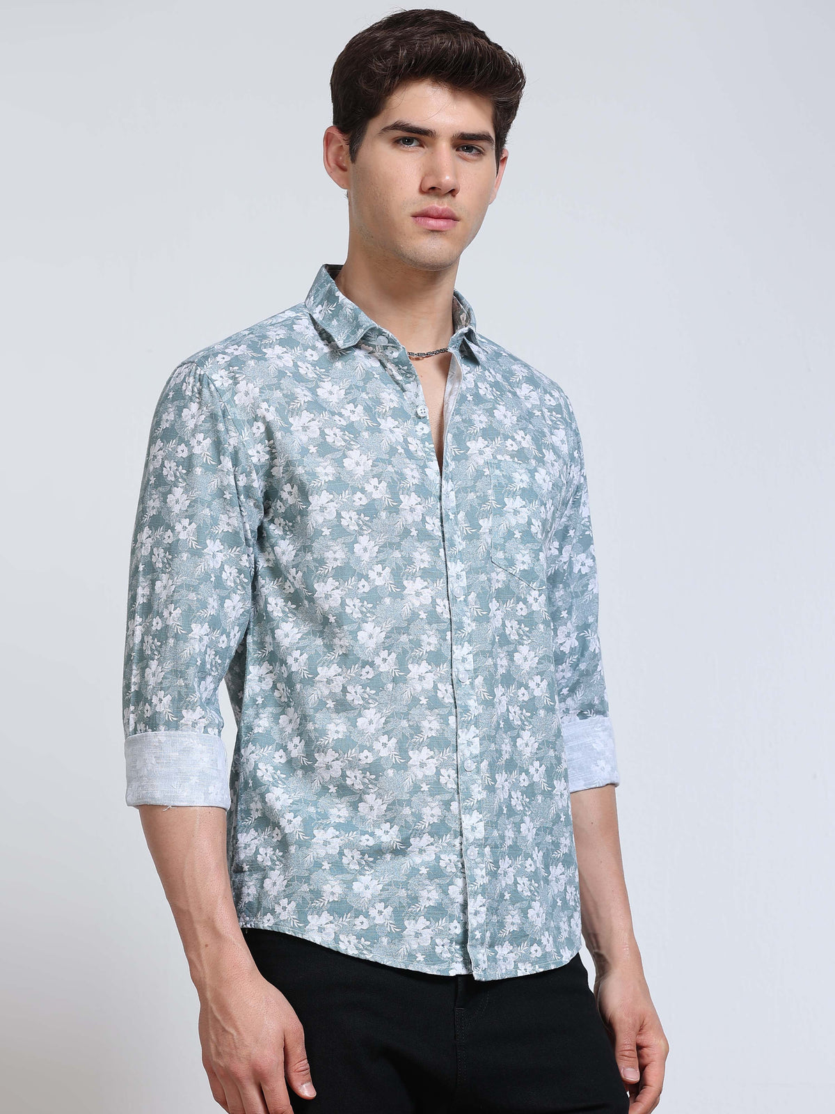 Men's Linen Teal White Floral Printed Shirt