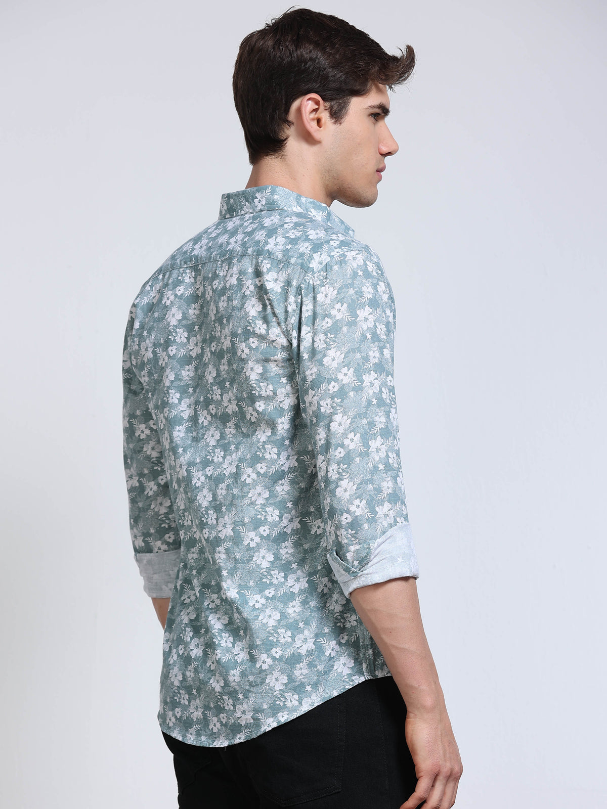 Men's Linen Teal White Floral Printed Shirt