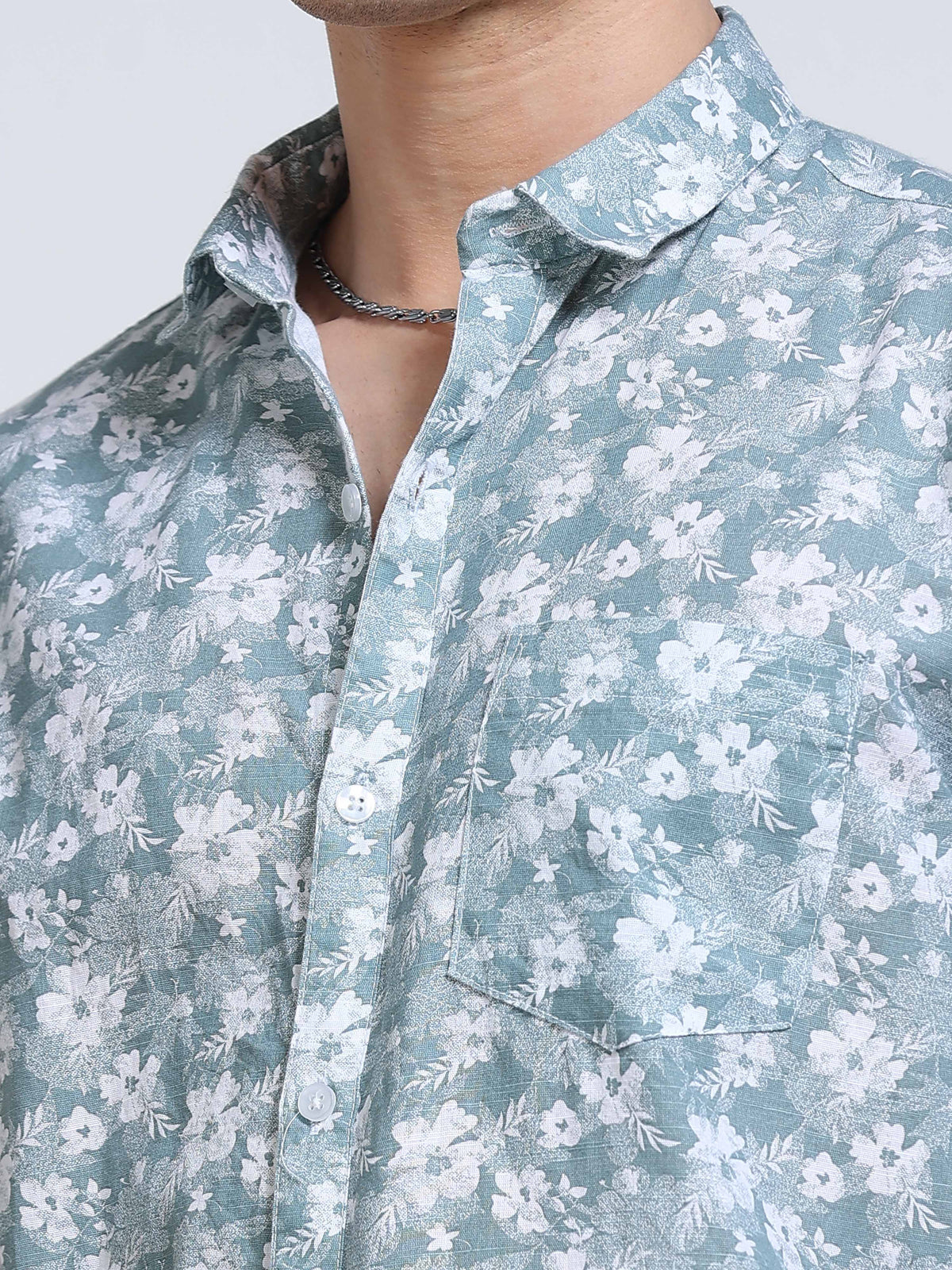 Men's Linen Teal White Floral Printed Shirt