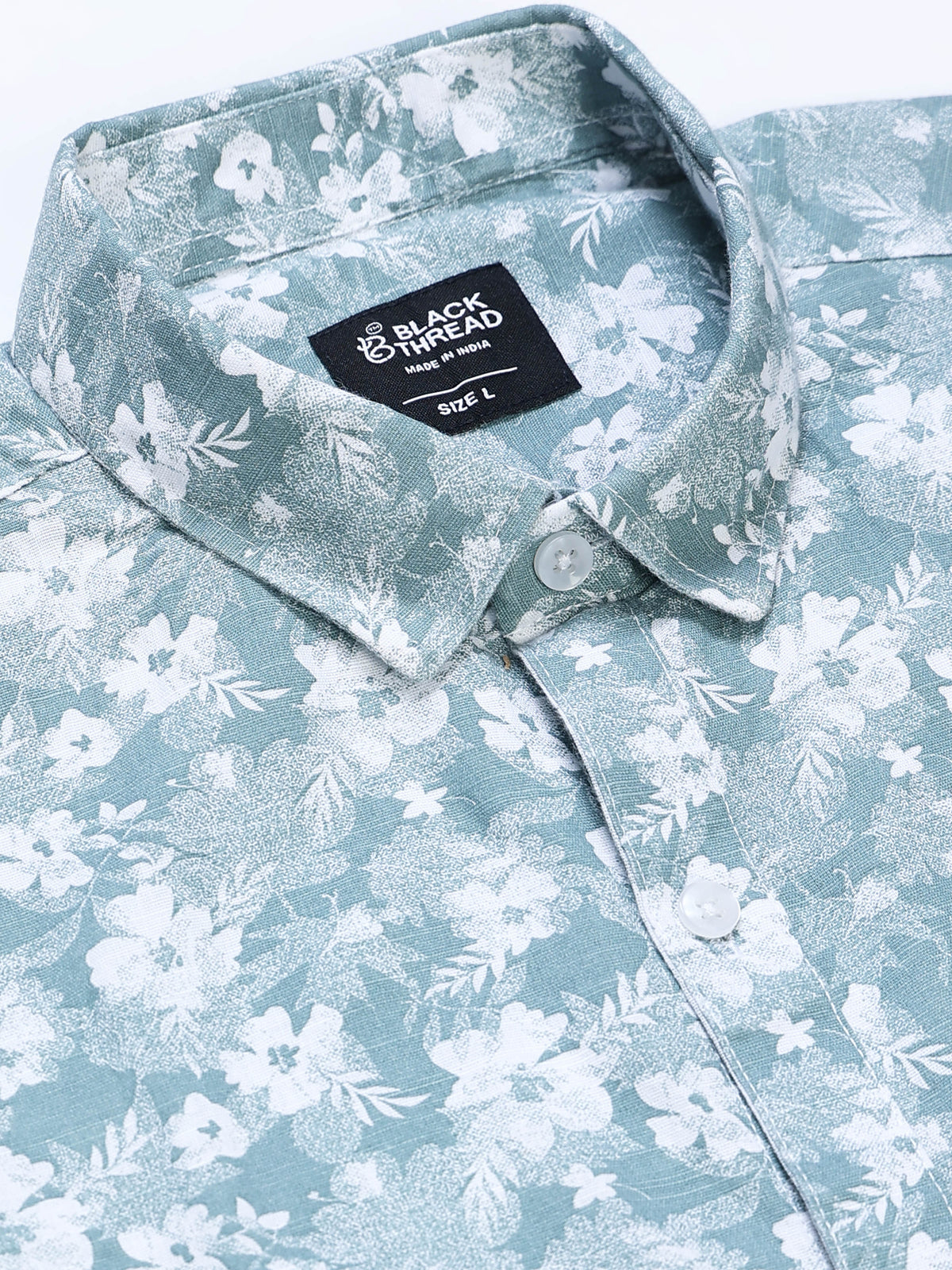 Men's Linen Teal White Floral Printed Shirt