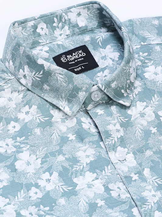 Men's Linen Teal White Floral Printed Shirt
