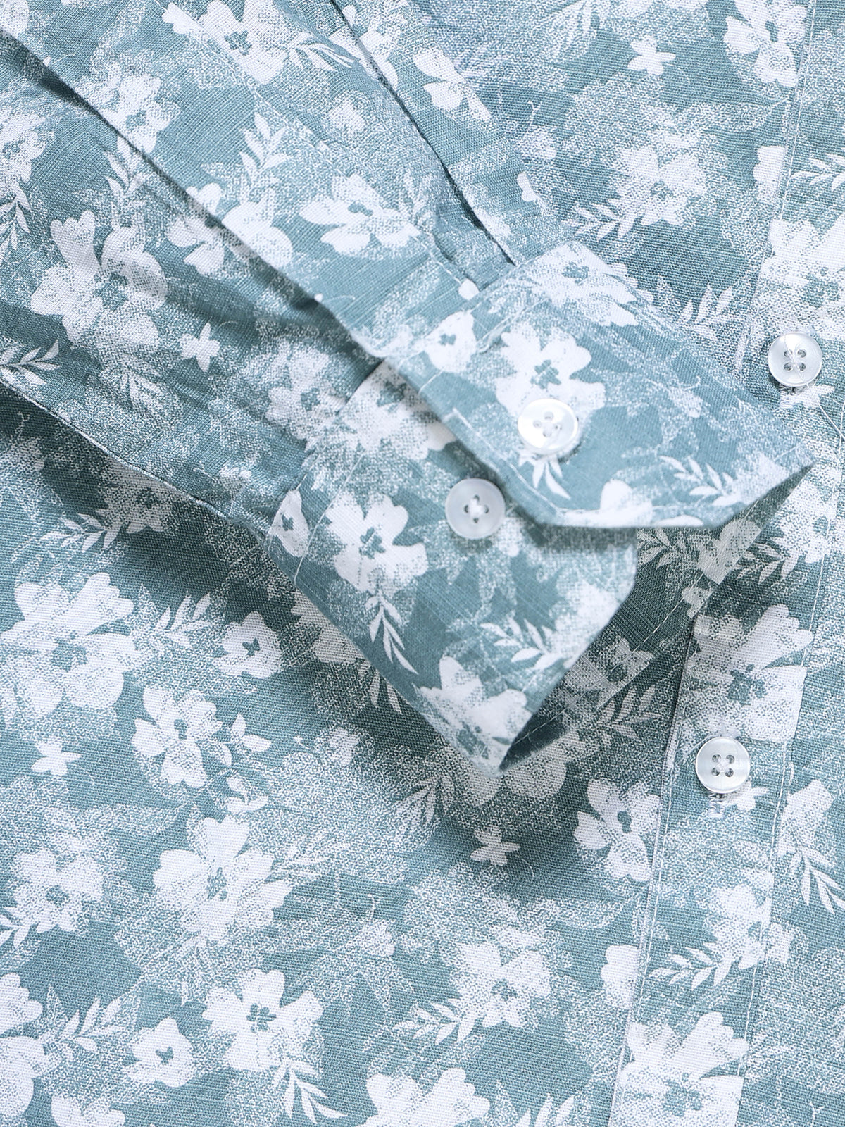 Men's Linen Teal White Floral Printed Shirt